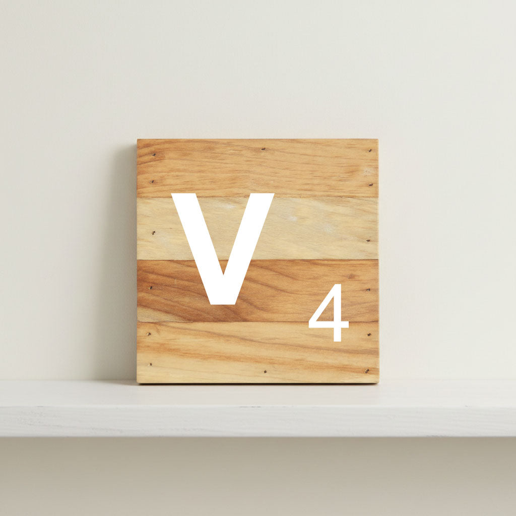 Scrabble inspired wooden letter V on rustic aged wood pallet, personalized nursery decor for shelf, dresser, wall display, and kids bedroom