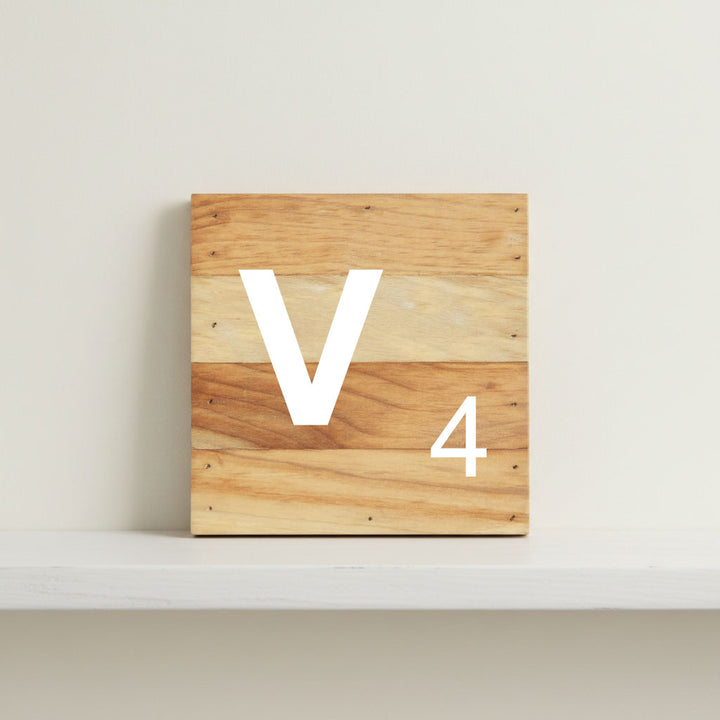 Scrabble inspired wooden letter V on rustic aged wood pallet, personalized nursery decor for shelf, dresser, wall display, and kids bedroom