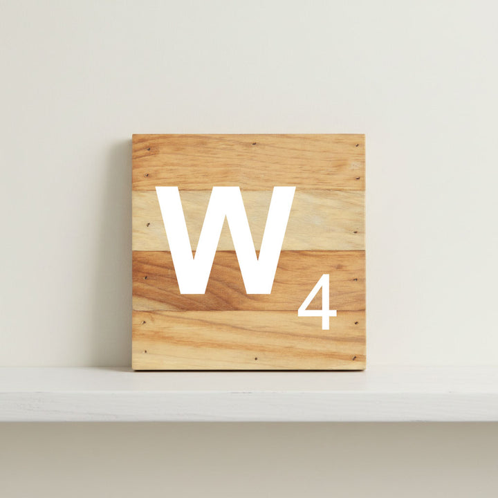 Scrabble inspired wooden letter W on rustic aged wood pallet, personalized nursery decor for shelf, dresser, wall display, and kids bedroom
