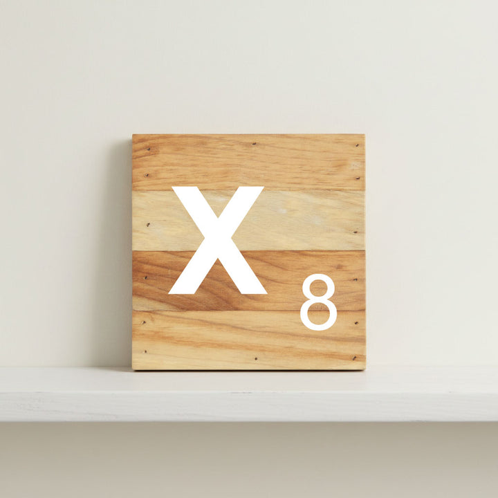 Scrabble inspired wooden letter X on rustic aged wood pallet, personalized nursery decor for shelf, dresser, wall display, and kids bedroom