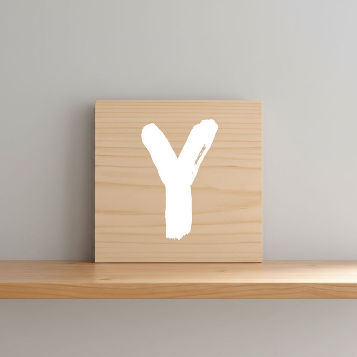 Rustic monogram letter Y on natural distressed wood wall hanging, personalized nursery decor for shelf, dresser, and kids bedroom by Presto Chango Decor