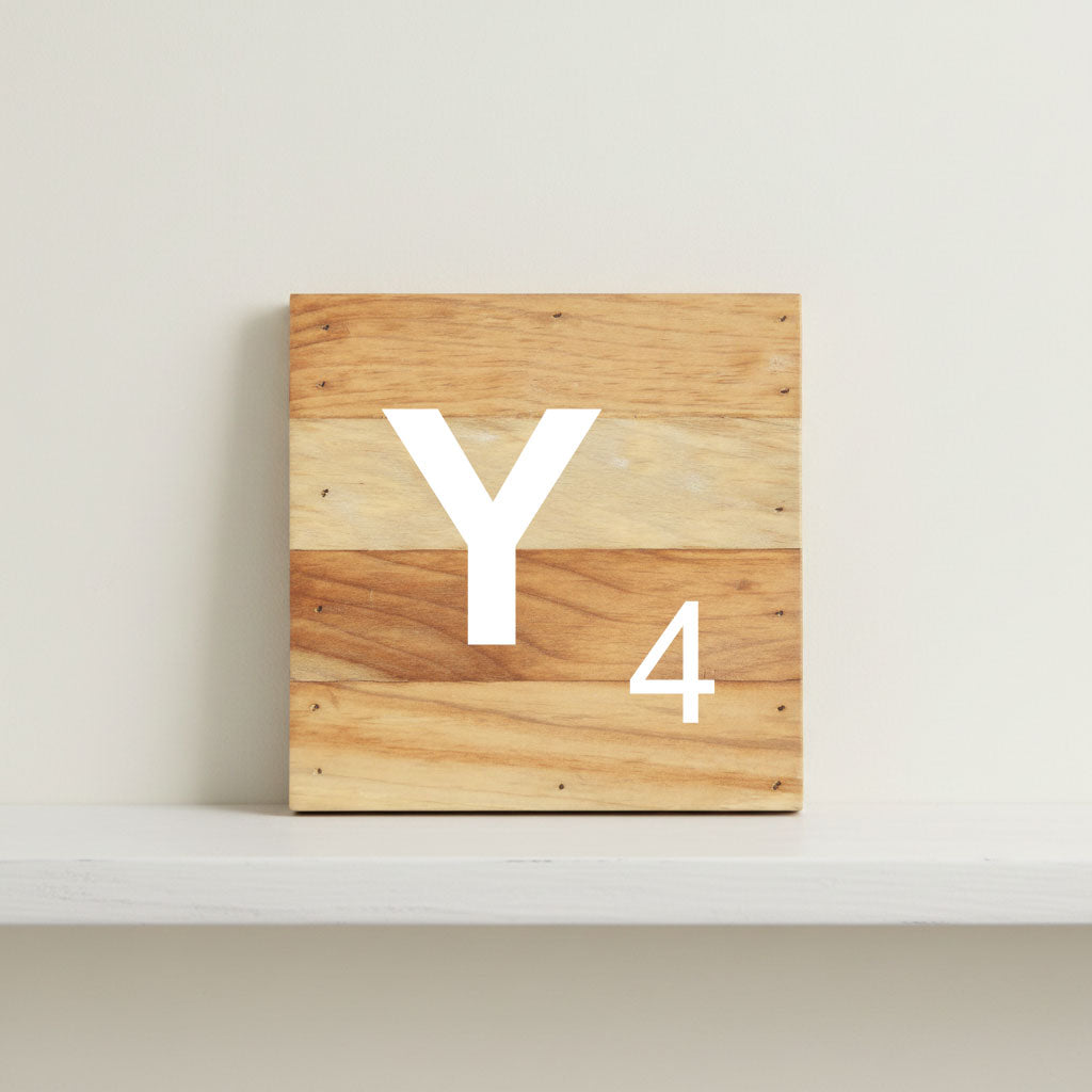 Scrabble inspired wooden letter Y on rustic aged wood pallet, personalized nursery decor for shelf, dresser, wall display, and kids bedroom
