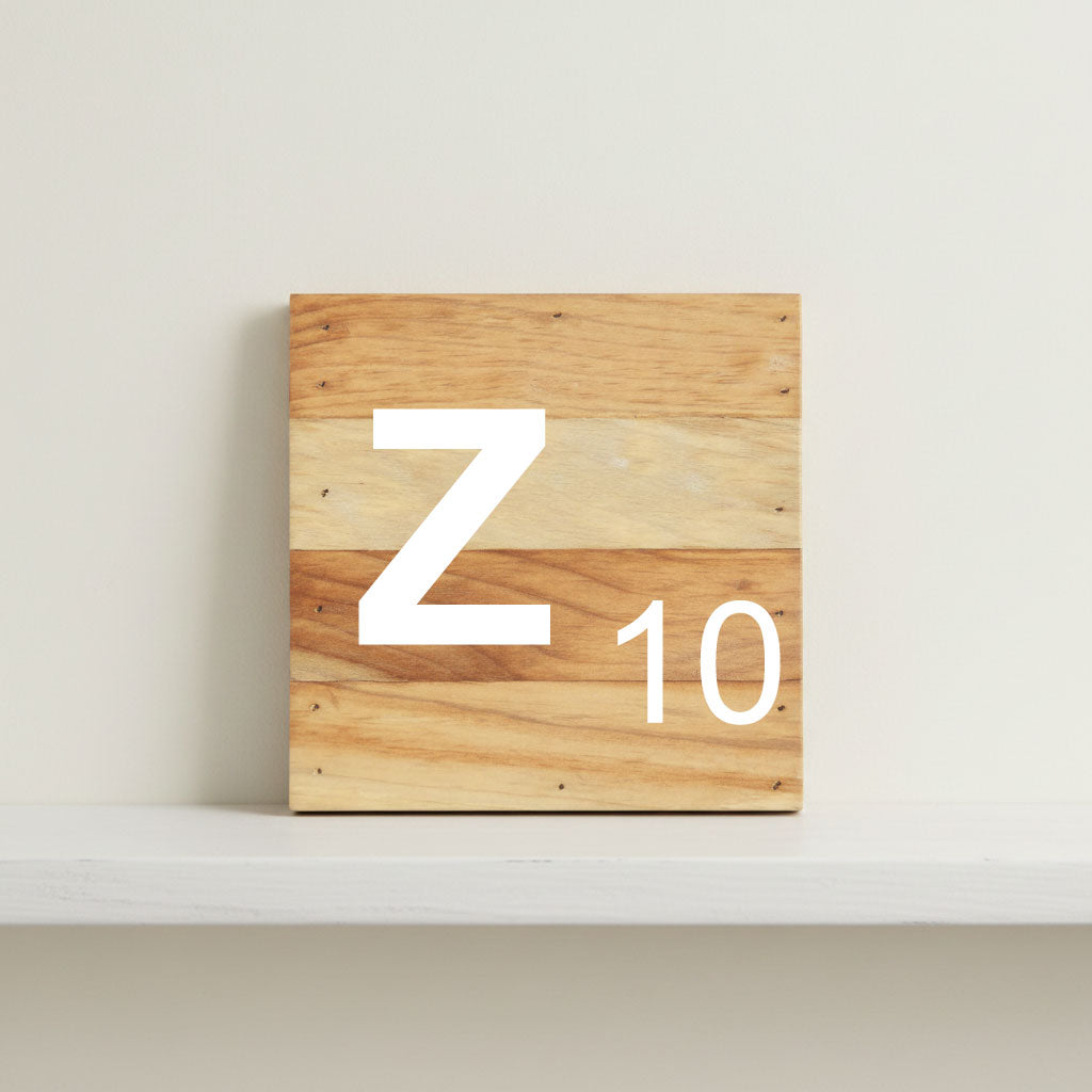 Scrabble inspired wooden letter Z on rustic aged wood pallet, personalized nursery decor for shelf, dresser, wall display, and kids bedroom