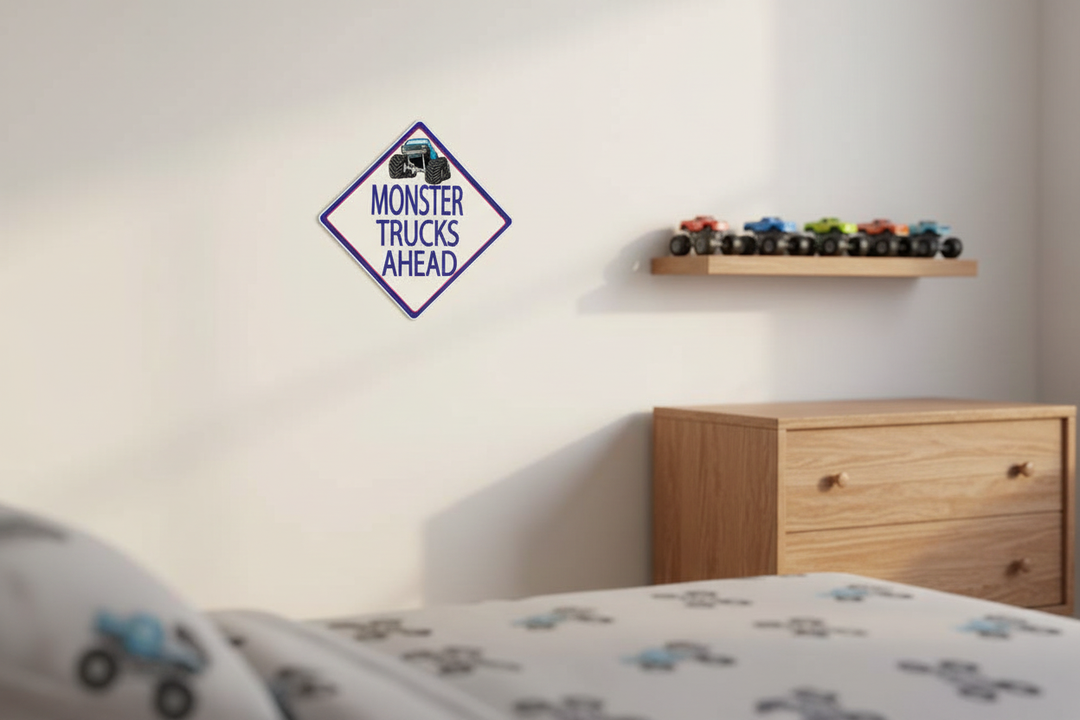 Monster Truck Street Sign Wall Decal | Boys Room Wall Sticker Blue