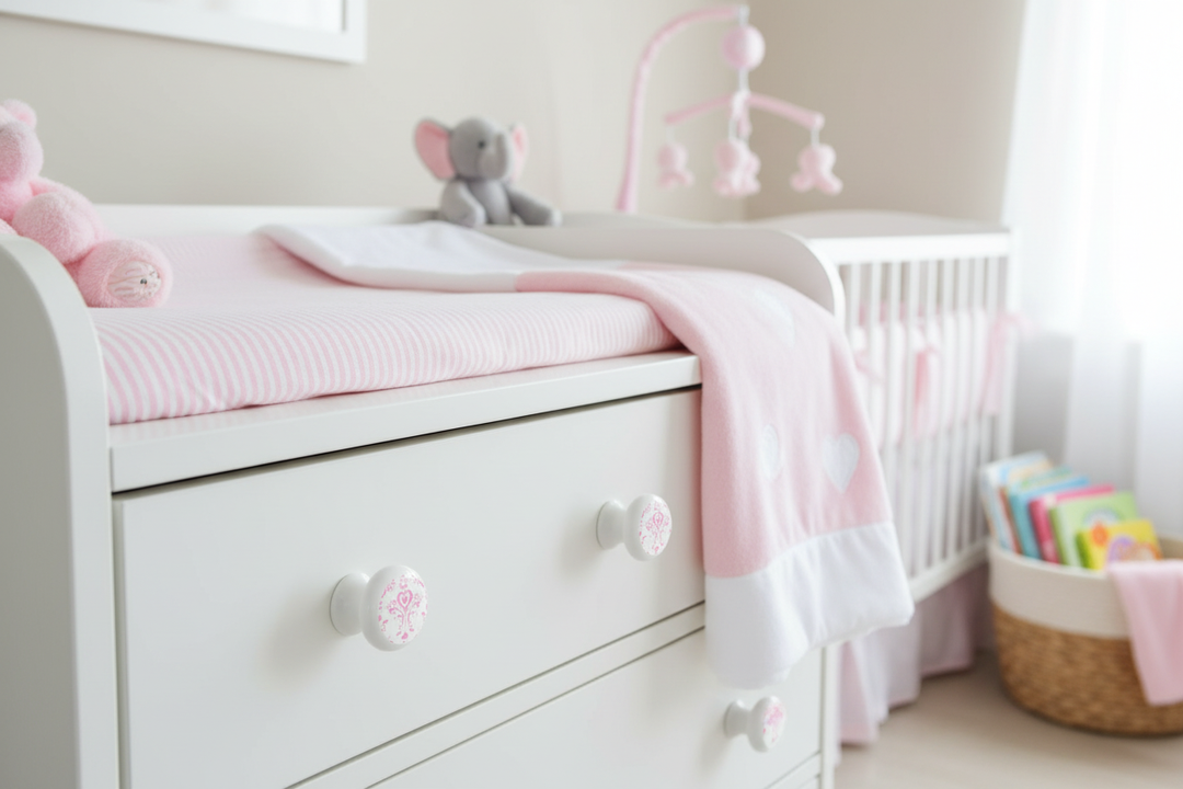 Damask knobs on changing table with linens