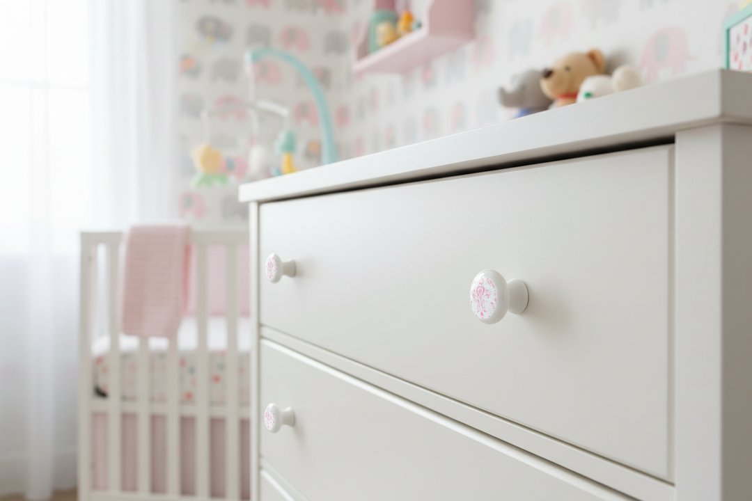 Damask knobs on white nursery dresser