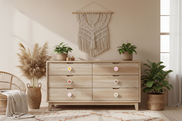 Boho Daisy Flower Drawer Knobs Pink Ceramic Bohemian Dresser Cabinet Pulls for Nursery Bedroom Decor