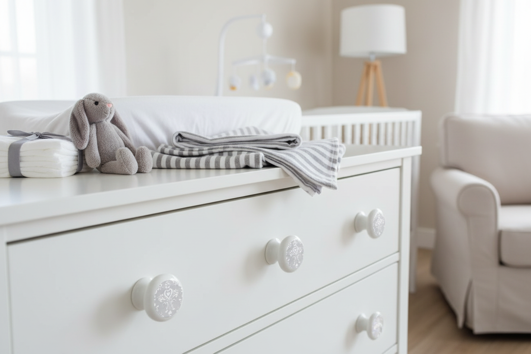 Gray damask knobs on changing table with linens