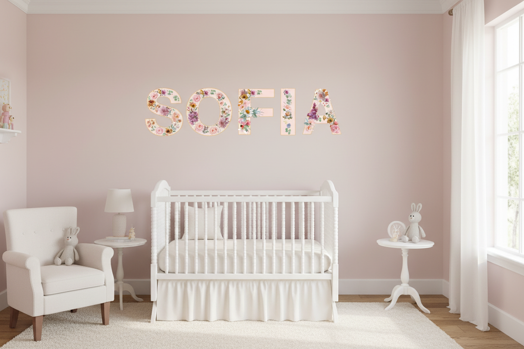 10 in Floral Pink Letter Decals spelling SOFIA in nursery