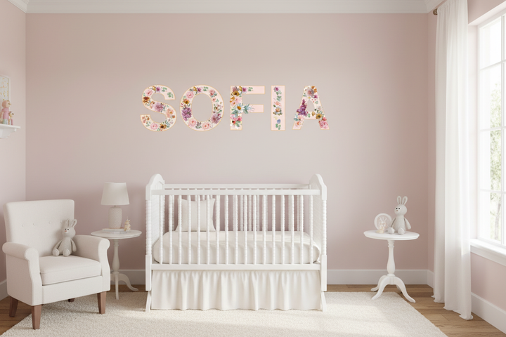 10 in Floral Pink Letter Decals spelling SOFIA in nursery