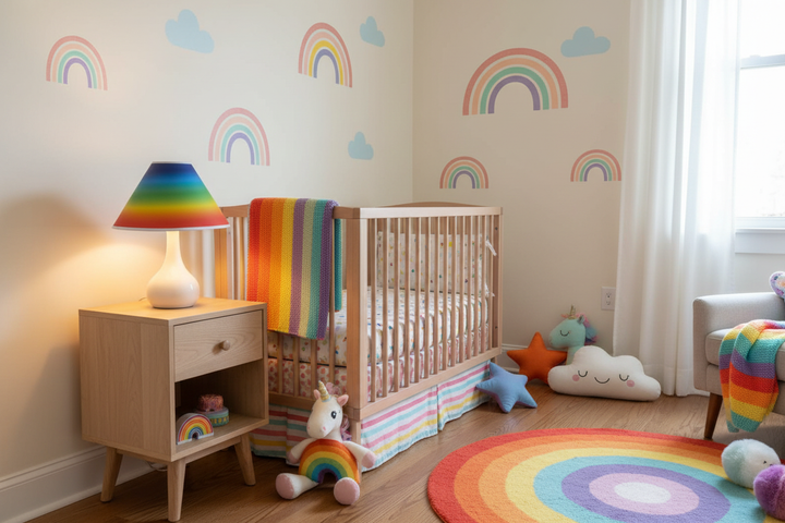 Rainbow Lamp Shade on nightstand in rainbow themed children's nursery