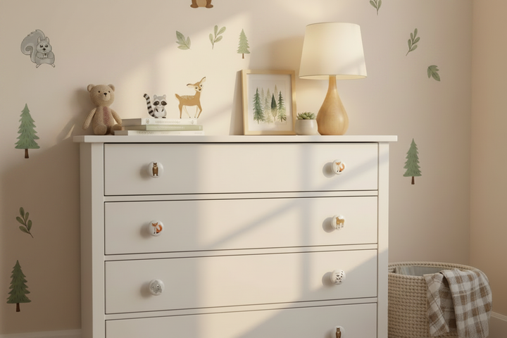 Woodland forest animal ceramic drawer knobs on white nursery dresser with coordinating woodland wall decals above showing squirrel raccoon deer bear pine trees and leaf accents