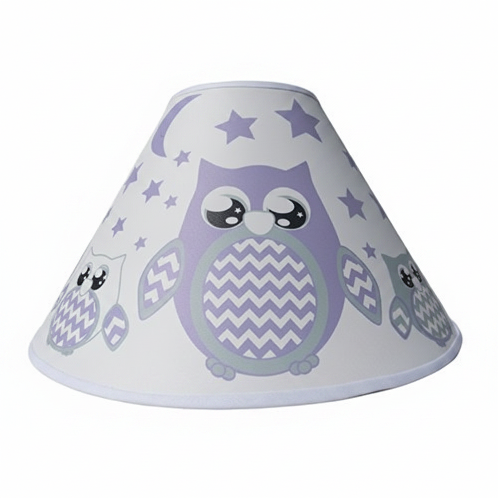 Purple owl lamp shade detail view on clean white background showing purple owl artwork and shade dimensions professional product photography