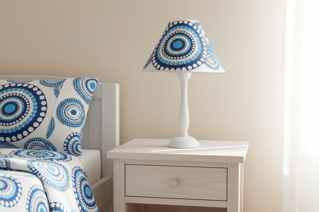 Blue Mandala Lamp Shade on nightstand against simple wall in bohemian nursery