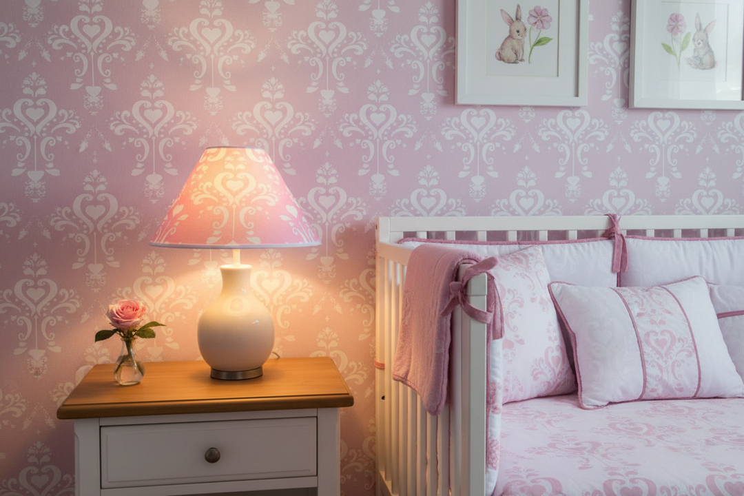 Pink Damask Lamp Shade on nightstand in elegant pink girls nursery