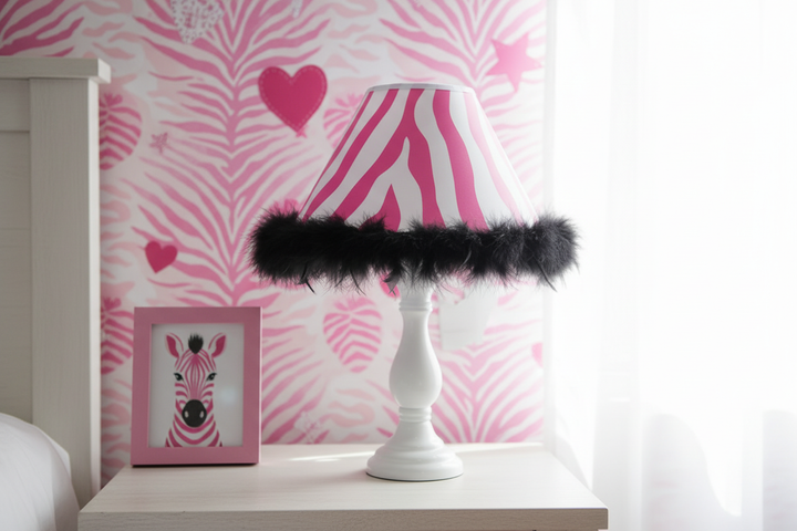 Pink Zebra Print Lamp Shade on nightstand against wall in pink zebra girls nursery