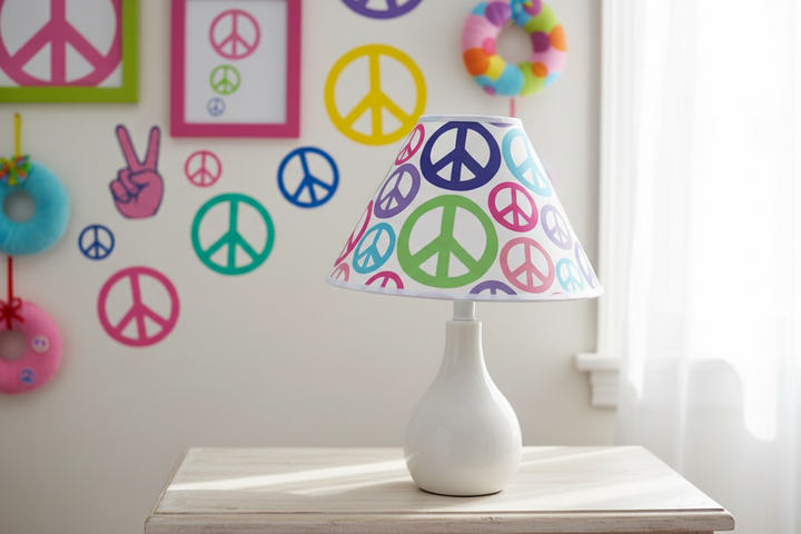 Peace Sign Lamp Shade on nightstand against wall in colorful peace sign children's room