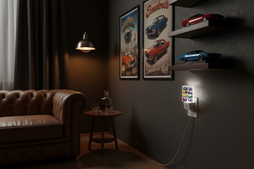 American muscle car LED night light glowing in a classic car man cave with vintage posters and leather furniture — plug-in auto sensor night light for car enthusiasts and collectors