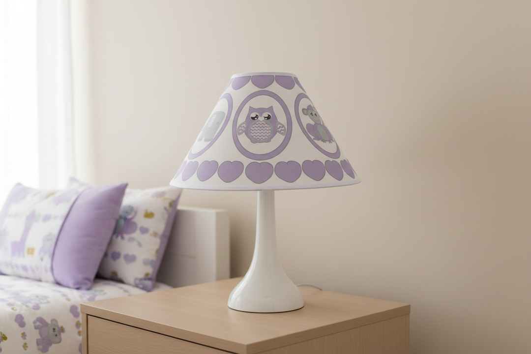 Purple Baby Safari Lamp Shade on nightstand against simple wall in purple safari nursery