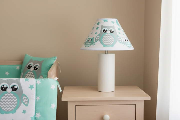 Seafoam Green Owl Lamp Shade on nightstand against simple wall in seafoam green owl nursery