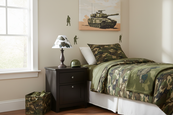 Army Tanks Lamp Shade on nightstand in bright military themed boys room