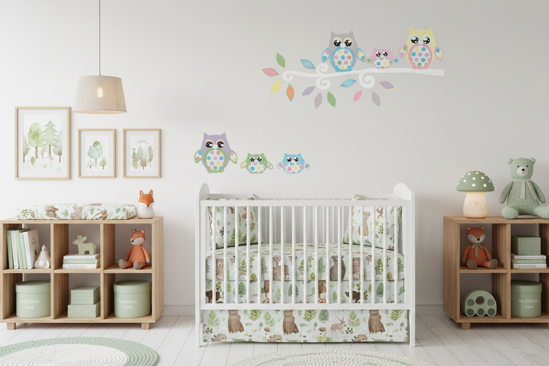 Multicolored polka dot owl wall decals styled in woodland forest themed nursery with white crib and forest animal bedding