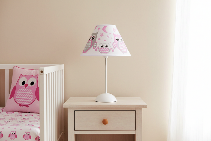 Pink Owl Lamp Shade alternate angle on nightstand against simple wall in pink owl girls nursery