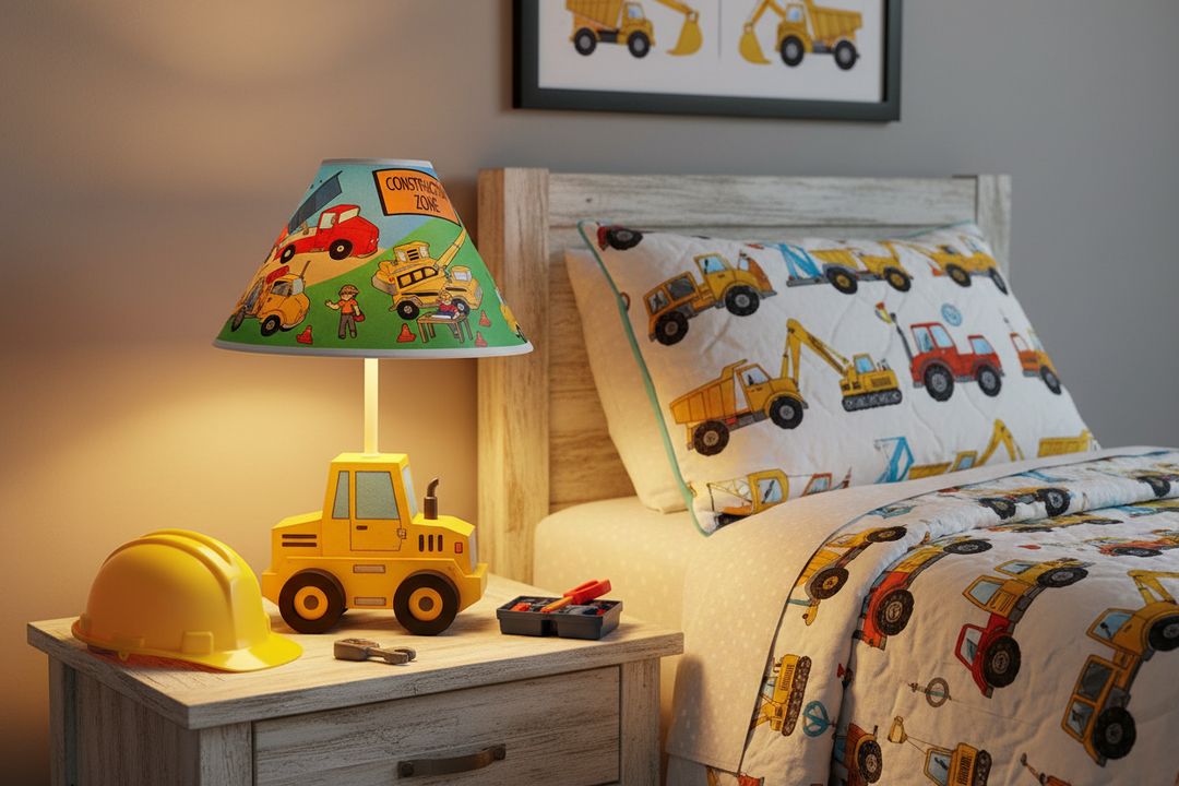 Construction Truck Lamp Shade on nightstand in construction themed boys room