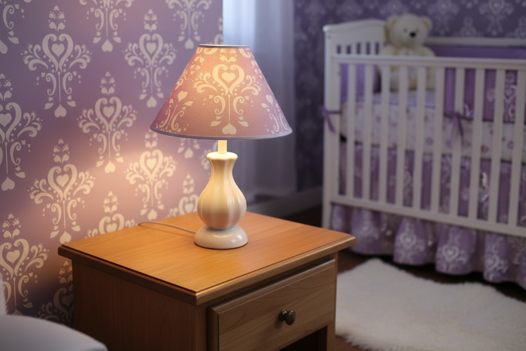 Purple Damask Lamp Shade on nightstand in elegant purple and white girls nursery