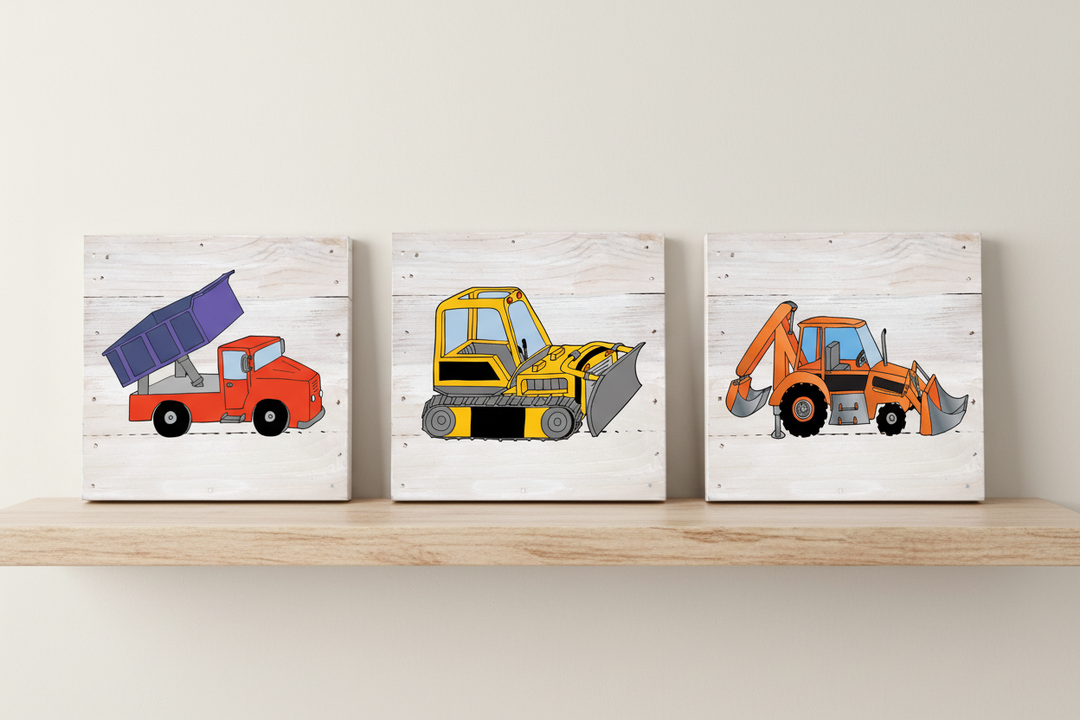 Construction truck whitewashed wood pallet art prints sitting as shelf sitters — dump truck bulldozer backhoe boys nursery decor