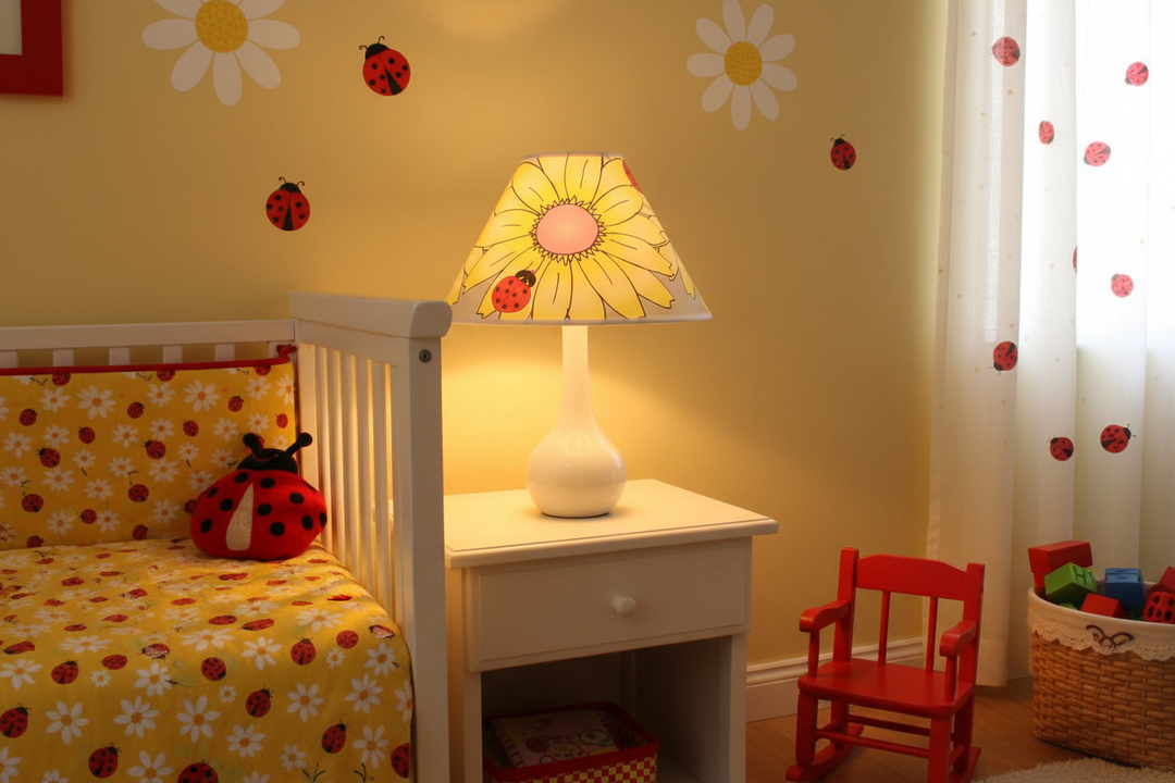 Yellow Gerber Daisy Lamp Shade on nightstand in ladybug themed girls nursery