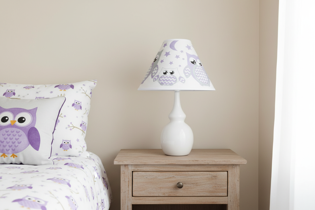 Purple Owl Lamp Shade on nightstand against simple wall in purple owl woodland nursery