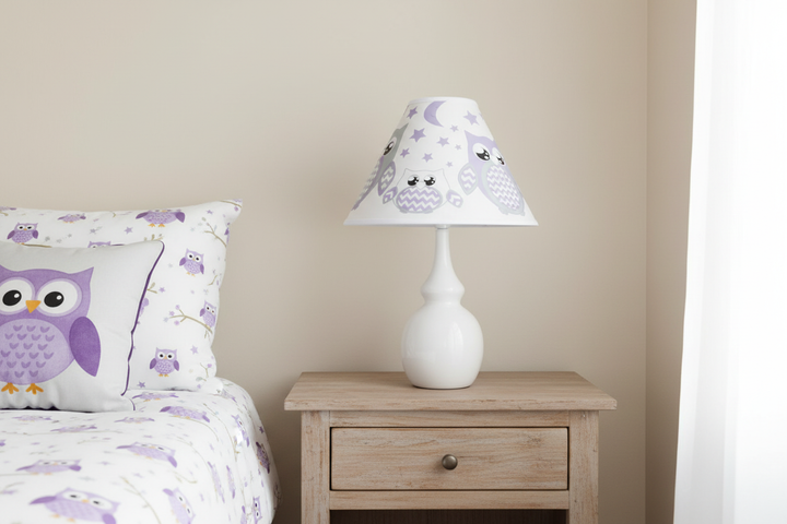 Purple Owl Lamp Shade on nightstand against simple wall in purple owl woodland nursery
