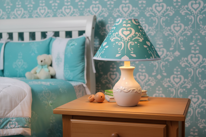 Aqua Damask Lamp Shade on nightstand in aqua and white damask themed nursery