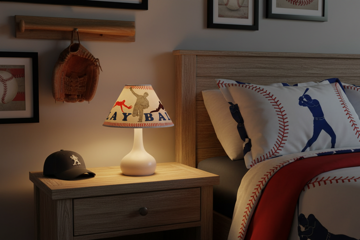 Baseball Lamp Shade on nightstand in baseball themed boys room
