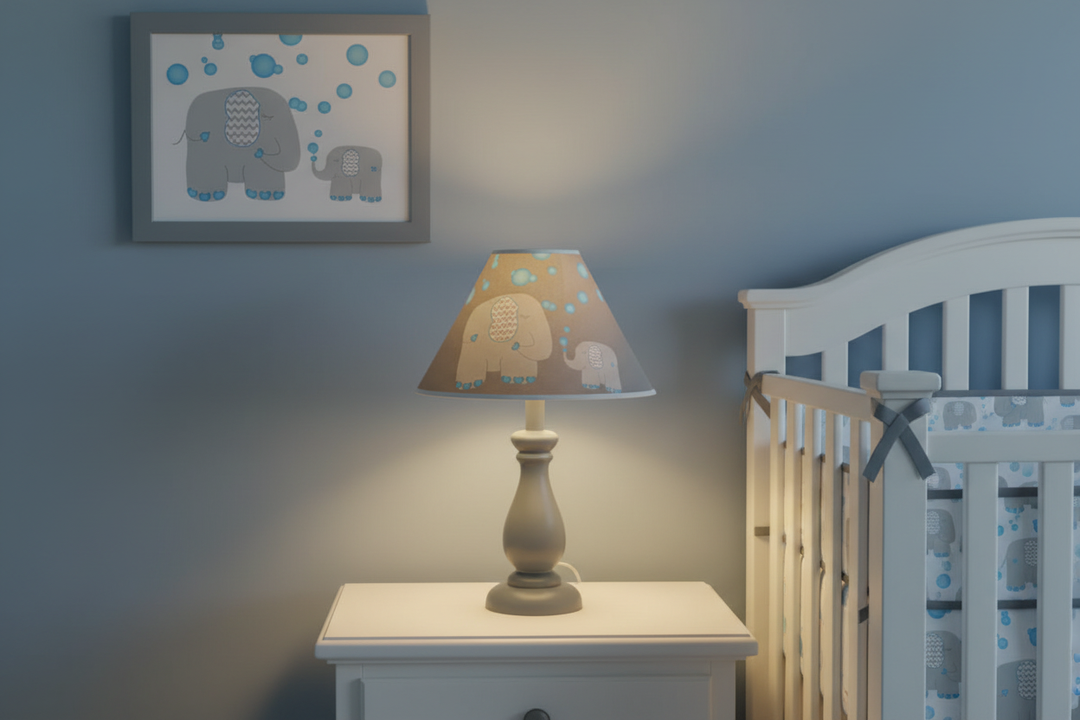 Blue Elephant Lamp Shade on nightstand in blue elephant themed nursery