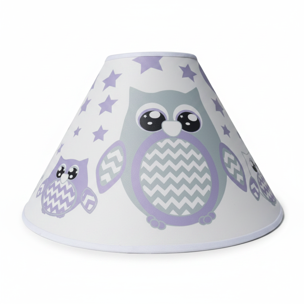 Purple owl lamp shade angled view on clean white background showing purple chevron owl design professional product photography