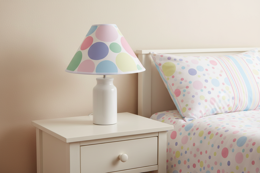 Pastel Polka Dot Lamp Shade on nightstand against simple wall in pastel polka dot nursery