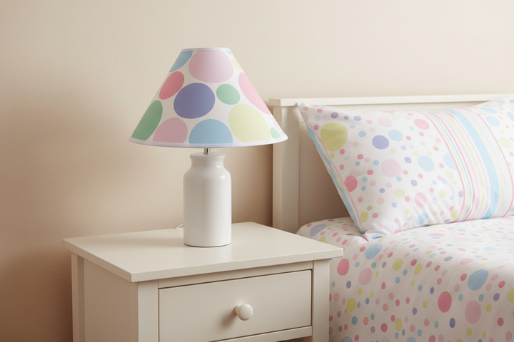 Pastel Polka Dot Lamp Shade on nightstand against simple wall in pastel polka dot nursery