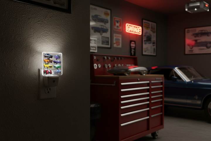 American muscle car LED night light plugged into wall in a classic car enthusiast garage — decorative accent light for man cave, garage, and automotive themed room decor