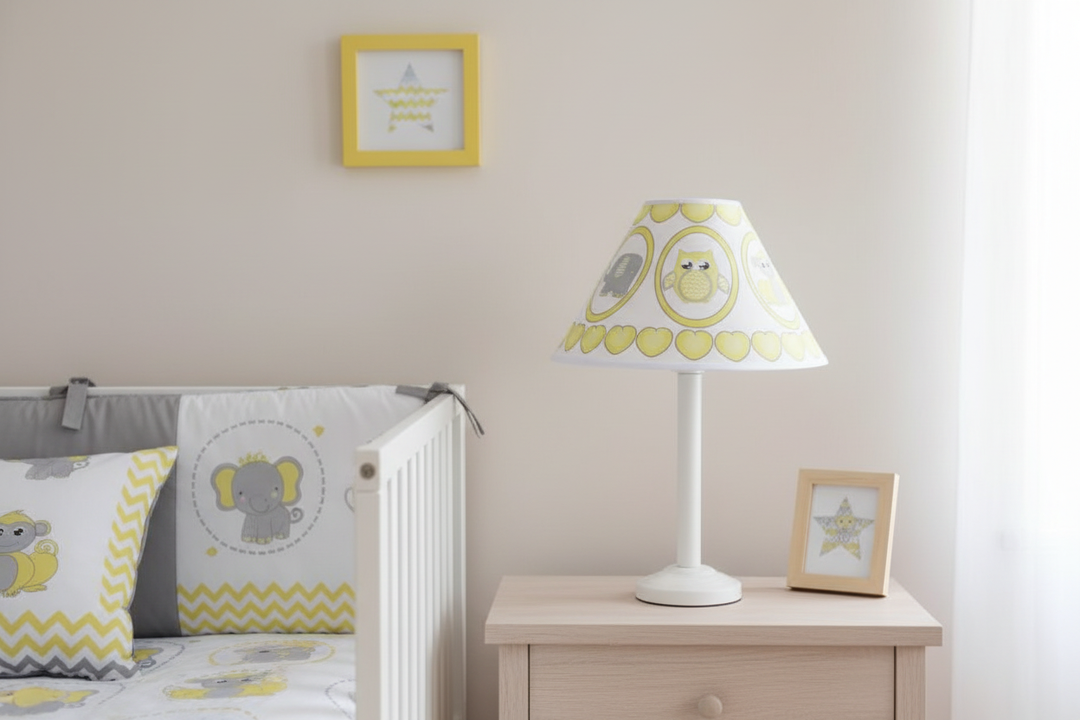 Grey and Yellow Baby Safari Lamp Shade on nightstand against simple wall in grey and yellow safari nursery