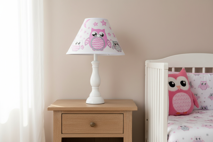 Pink Owl Lamp Shade on nightstand against simple wall in pink owl girls nursery