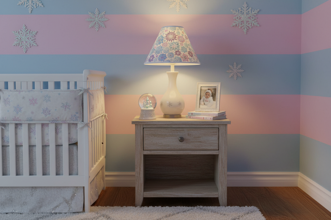 Snowflake Lamp Shade on nightstand in pink purple blue winter girls nursery