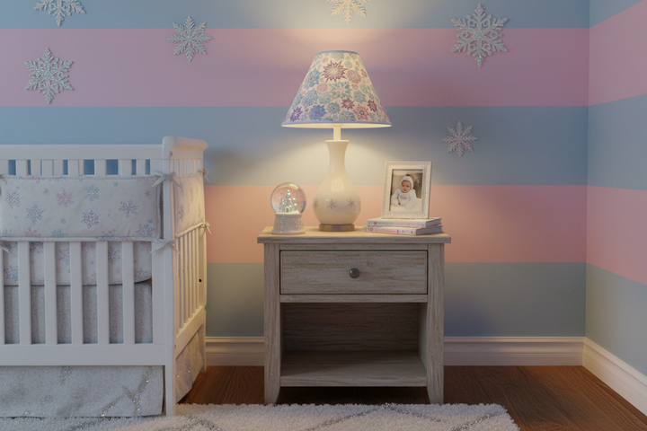 Snowflake Lamp Shade on nightstand in pink purple blue winter girls nursery