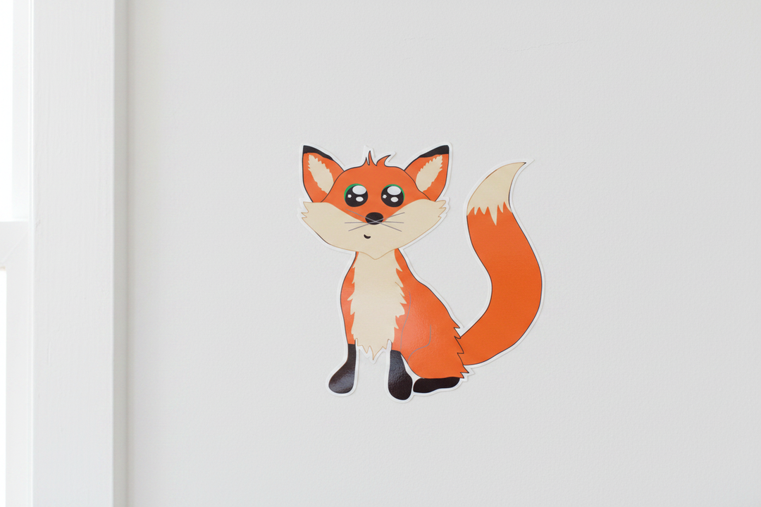 Cute cartoon orange fox wall decal close-up on white nursery wall — woodland forest animal peel and stick sticker