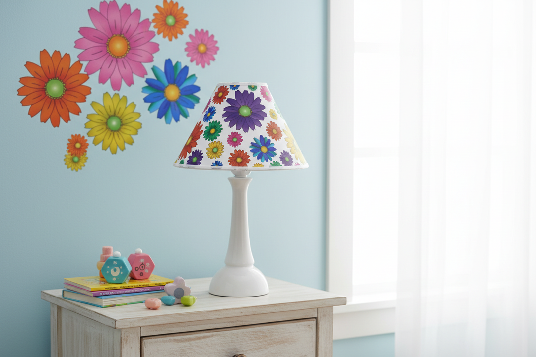 Multicolored Gerber Daisy Lamp Shade on nightstand against wall in bright girls nursery