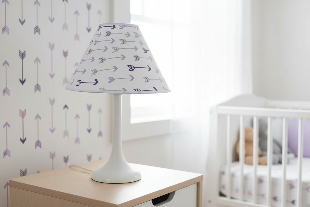Purple and Grey Arrow Lamp Shade on nightstand against wall in woodland themed nursery