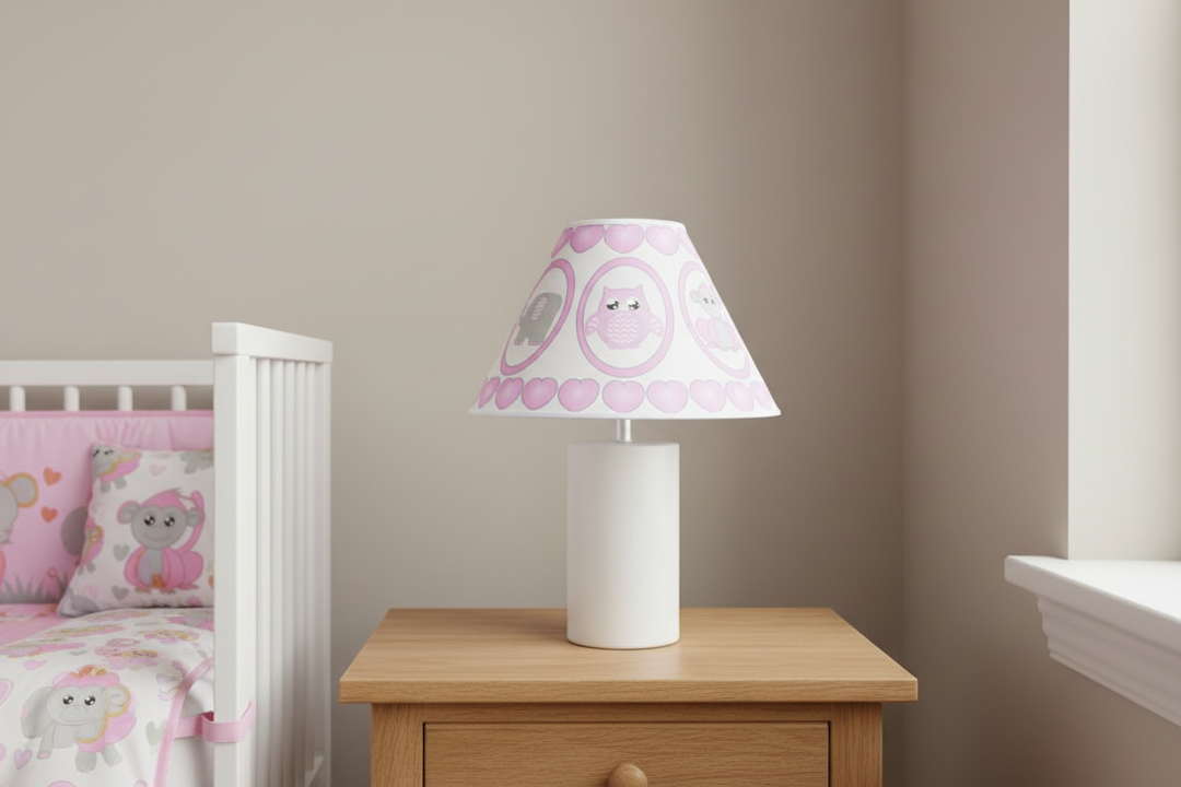 Pink Baby Safari Lamp Shade on nightstand against simple wall in pink safari girls nursery