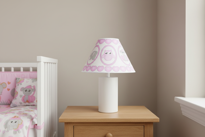 Pink Baby Safari Lamp Shade on nightstand against simple wall in pink safari girls nursery