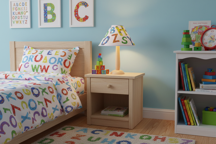 ABC Lamp Shade on nightstand in alphabet themed nursery